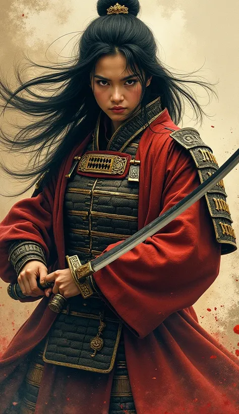 Akira Kurosawas movie-style poster features a full-body shot of a 28-year-old girl, embodying the samurai spirit of Japans Warring States Period, An enigmatic female samurai warrior, clad in ornate armor and wielding a gleaming katana, This striking depict...