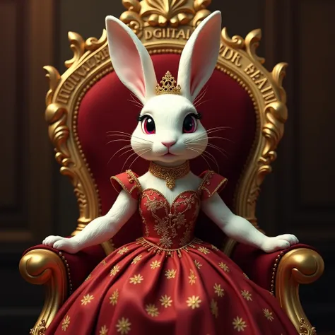 "A majestic digital rabbit in a regal setting, sitting proudly on an opulent golden throne, dressed in a high-fashion crimson dress adorned with golden embroidery. The phrase Digitalmente Real is prominently engraved on the throne’s ornate backrest. She we...