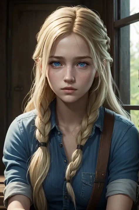 a 21 year old girl, with long blond hair ,  with very fair skin and blue eyes,  in the style of the game  "The Last Of Us"