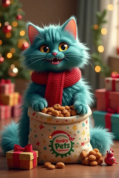  A Persian cat with fluffy fur in shades of sky blue and dark blue ,  with touches of green ,  inspired by Sullivan and the Grinch .  He wears a bright red scarf that contrasts with his fur ,  and has a happy and playful expression , showing a big mischiev...