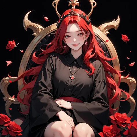  mystical black background with red roses all around
Wear a crown、One woman with long red hair sitting on a throne
Primary color 、devil、Black Horn、A triumphant smile