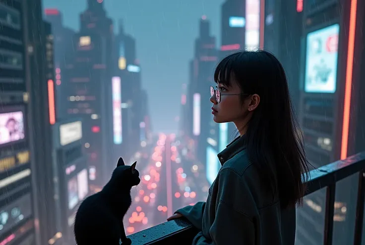 night, cat, 25 year old woman, brown skin tone, straight dark brown hair, glasses, on a balcony, cyberpunk city, flying cars, led screens, rain, 3d, isometric. 3D rendering,  