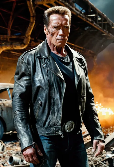 masterpiece, showing the Terminator character in the foreground, from head to toe, aged, 70 years old, white hair, he is standing on a scrap metal.  He is visibly worn out.  His face is covered in deep wrinkles and scars, with areas where the skin is torn,...