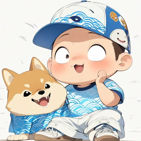 (masterpiece,  best quality:1.2),  anime style character design。  pure white background ， one boy talking to Shiba Inu , Big Eyes， cute expression ， cap，Wave pattern shirt ， Overalls， white sneakers，stand， funny， funny， clean lines 、