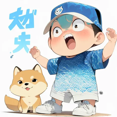 (masterpiece,  best quality:1.2),  anime style character design。  pure white background ， one boy talking to Shiba Inu , Big Eyes， cute expression ， cap，Wave pattern shirt ， Overalls， white sneakers，stand， funny， funny， clean lines 、