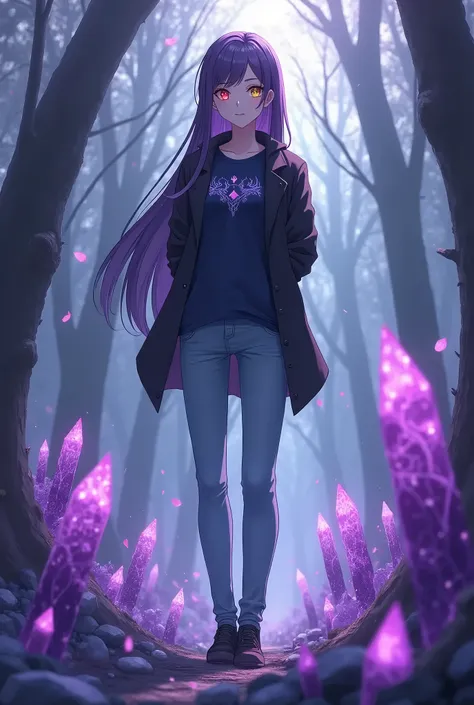 anime style, female character with long dark purple hair, one yellow eye (left) and one red eye (right), fair skin, dark blue shirt, black jacket, light blue long pants, black shoes, height 1.80 meters, standing in a mystical forest with dense mist, surrou...