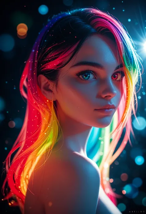 {{masterpiece}}, best quality, extremely detailed CG unity 8k wallpaper, cinematic lighting, lens flare, beautiful detail eyes, black,  side glance,  multicolor hair, colorful light, particles, heterochromia, (colorful:1.5), (colorful hair:1.5),