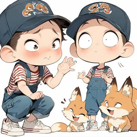 (masterpiece,  best quality:1.2),  anime style character design。  pure white background ，1 boy is talking to a fox, Big Eyes， cute expression ， cap，Striped shirt， Overalls， white sneakers，stand， funny， funny， clean lines 、Perfect Fingers、Perfect hands、 per...