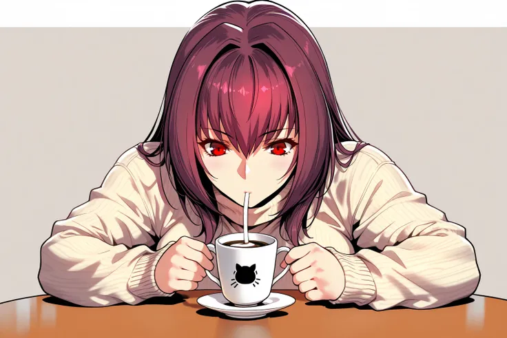 high resolution, masterpiece, necessary, detail, best quality
1girl, solo, linda, costume, table, drinking coffee, cup of coffee

scathach, scathach fate grand order, fate, fate grand order, throw, long hair, 

sweater