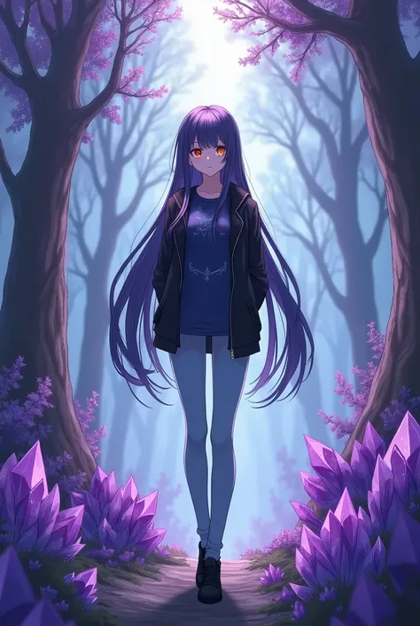 anime style, female character with long dark purple hair, one yellow eye (left) and one red eye (right), fair skin, dark blue shirt, black jacket, light blue long pants, black shoes, height 1.80 meters, standing in a mystical forest with dense mist, surrou...