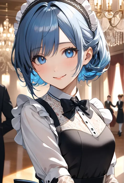 Upper body close-up（((masterpiece), on)"A young woman in a butler-style maid outfit, with short blue hair, during a dance rehearsal, looking at the camera with upturned eyes and a slightly bashful smile. Her expression is warm and encouraging, as if boosti...