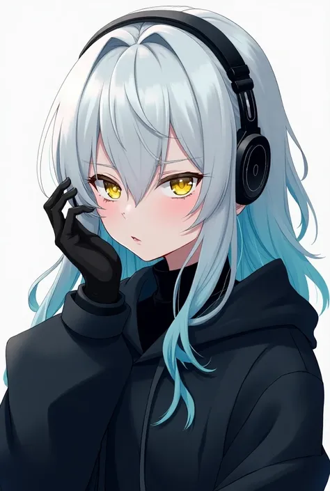 ((highest quality)), ((masterpiece)), (be familiar with), perfect face,white half-up hair,cyan long hair,yellow eyes,cool black hoodie,headphones,black gloves,turtleneck,alone,icon, anime