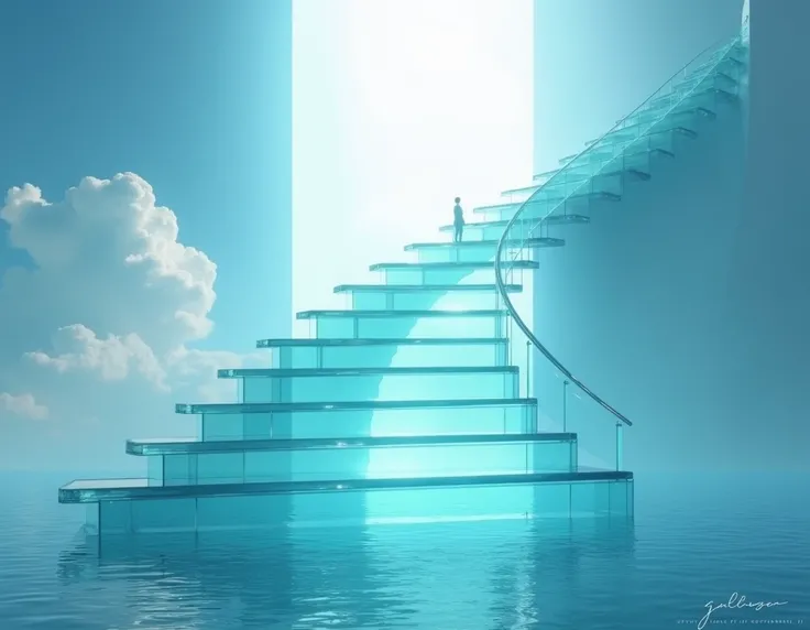 general plan of glass staircases that go from a sea to a light in the sky 