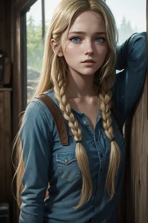 a 21 year old girl, with long blond hair ,  with very fair skin and blue eyes,  in the style of the game  "The Last Of Us"