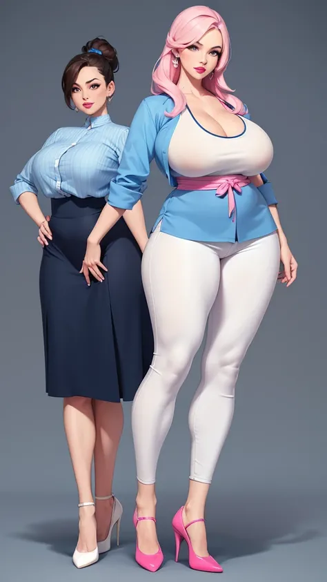 a cartoon woman in a blue shirt and white pants posing,  The character is in his natural pose , full length portrait of a!,  fully dressed in pink lipstick  !!!, Pose casual, unreal character concept, , Realistic SFW proportions, full body character, oppai...