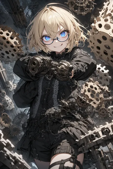 masterpiece, best quality, ultra detailed 8k, extremely detailed eyes, cute girl, 17yo, (blonde hair, very short hair, hairs between eyes), blue eyes, glasses, evil grin, slender body, holding two guns in each hand, dual gun, pointing gun, aiming at viewer...