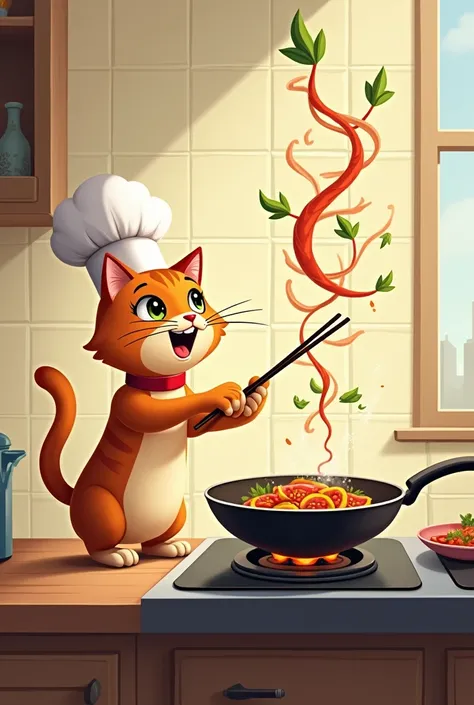 The cat stands next to the stove, holding a pan and chopsticks. It skillfully tosses the vegetables in the hot pan, making them dance in the air. A little steam rises, and the cat sniffs the air with a pleased expression.