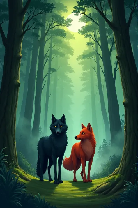 Here’s a short story for you:


---

The Two Wolves and the Secret of the Forest

Two wolves, Shadow and Blaze, were roaming in the dense forest of Evergreen Hollow. Shadow, a sleek black wolf with piercing yellow eyes, was known for his calm and calculate...