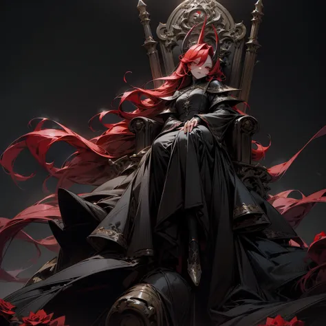 Mysterious black background with red roses all around
One woman with long red hair sitting on a throne
primary color、devil、Black Horn、Night Sky、 black long dress