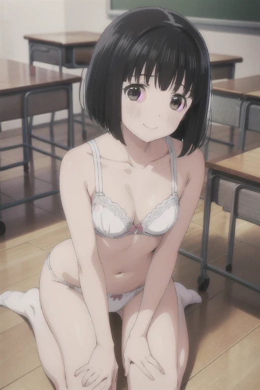 Alone,  1 girl,  Viewers, 2D, Anime, Anime coloring,  black hair、 short bob,whole body,Small breasts、 (classroom:1.3), Kogma,  cute white bra with hands on blackboard、Cute white panties、blush,smile、 sits on the floor、 M-shaped leg opening