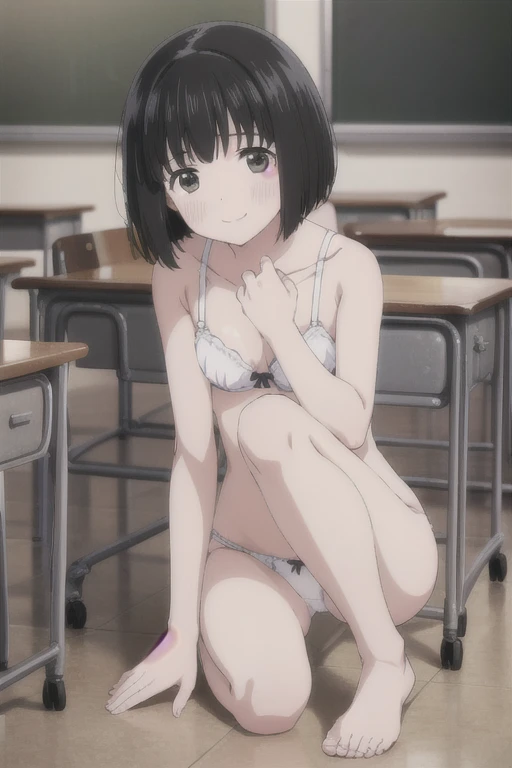 Alone,  1 girl,  Viewers, 2D, Anime, Anime coloring,  black hair、 short bob,whole body,Small breasts、 (classroom:1.3), Kogma,  cute white bra with hands on blackboard、Cute white panties、blush,smile、 sits on the floor、 M-shaped leg opening