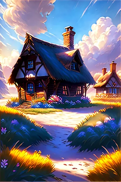  traditional cottage landscape painting from medieval England、 fairy tale、Vivid picture、  beautiful brown wooden frame on a bright white wall 。 an ocher-colored thatched cottage  、Flowers around the house 々 々、 The background is a rolling hill  、 Bright blu...