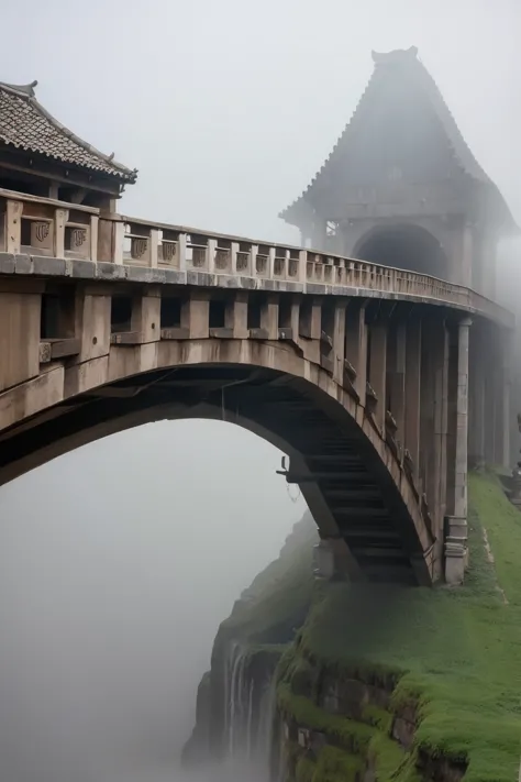 ancient bridge in the fog, cute girl