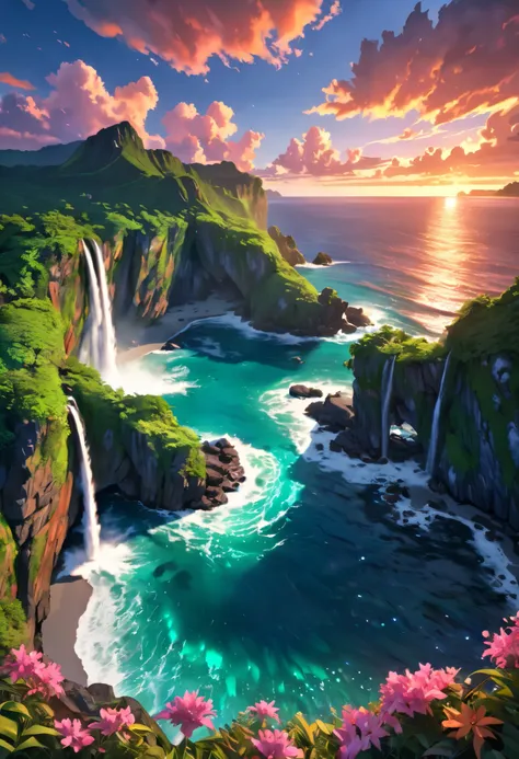 masterpiece,best quality,high resolution,ultra sharp focus,crisp quality,rich contrast,Cinematic Lighting, ethereal light, intricate details,full colored, HDR, UHD,8k,detailed background is beautiful,Remote island, jagged rocky cliffs, emerald green waters...