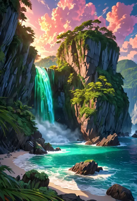 masterpiece,best quality,high resolution,ultra sharp focus,crisp quality,rich contrast,Cinematic Lighting, ethereal light, intricate details,full colored, HDR, UHD,8k,detailed background is beautiful,Remote island, jagged rocky cliffs, emerald green waters...