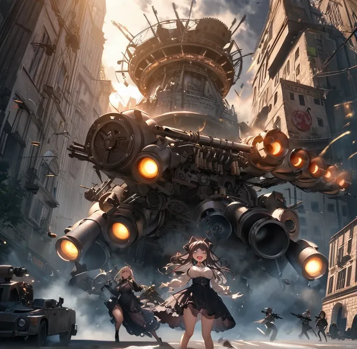 Best Quality、masterpiece、8k、Mechanical Clock Tower、city of gears、 Deep Night Fog 、A beautiful girl is shooting a Gatling cannon  、 machine gun firing   、Accurate shooting position、  、   violently vibrating machine gun and womans body 、(Cartridges dancing i...