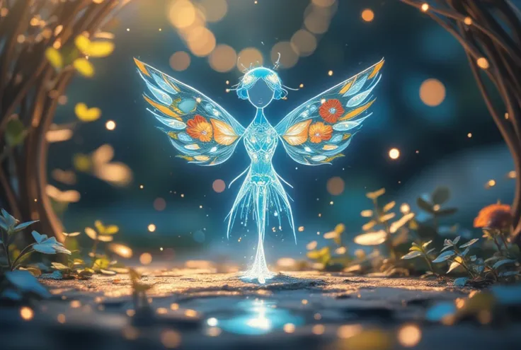 Mysterious, A glowing bird with fluorescent blue feathers,  purple , White and white, Slender, Swirling Branches. Birds should radiate a mystical glow , The body and wings are glowing, It gives a magical feeling, Celestial bodies appear. Dreamy birds, A sp...