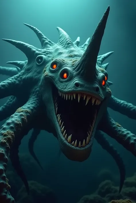 A monstrous underwater creature with bioluminescent scaly skin with a spike protruding from the tip of tentacles and possessing multiple piercing and glowing eyes. Its open mouth reveals sharp, jagged teeth, and patches of algae cling to its body. The crea...