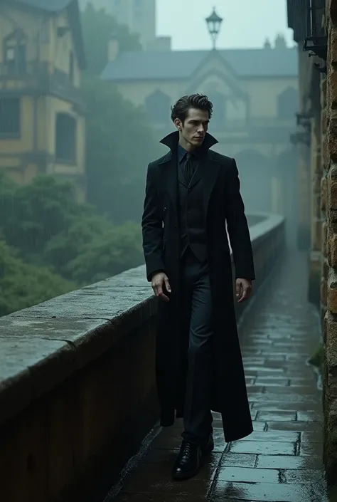 A tall, thin young man with very fair skin, dark brown hair who appears to be a handsome vampire and who is walking on a wall and raining in the background.