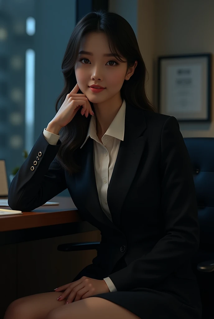  slender figure、 beautiful skin in NFSW、whole body、 best quality、 ultra high resolution、 beautiful and elaborate face、 Fine and Beautiful Skin、 skin texture、Fine and beautiful skin in the office at night 、 sitting on a chair 、suit、 white shirt 、ﾐNiscart、Th...