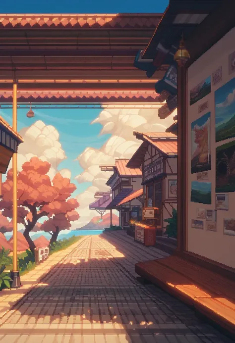 
A rural Japanese train station in the evening, with a beautiful sunset painting the sky. The scene is rendered in pixel art, showcasing the peaceful countryside atmosphere.