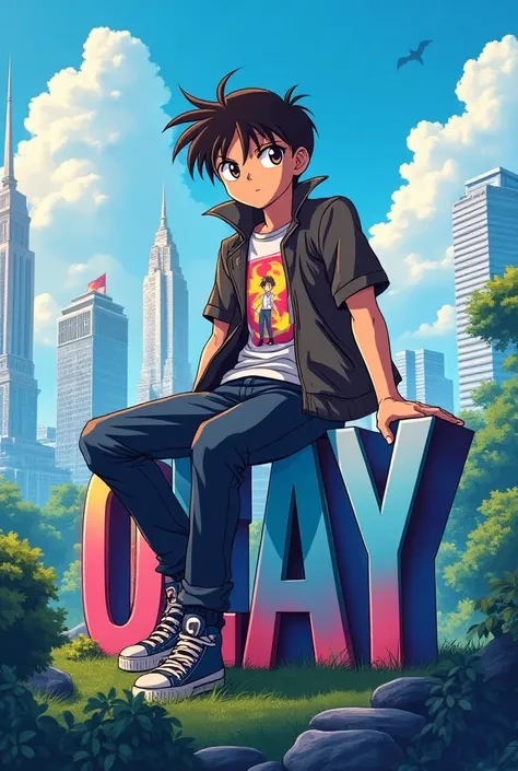 Detective conan anime, facing frontview, sits on a 3D that spells out OLAY. The background is a Lush city skyline, Embellished T-shirt design, Midway through the trip, Vibrant art vector and the overall tone of the image is vibrant and modern., anime, phot...