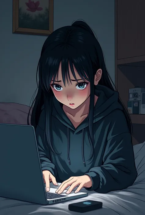 A manhwa-style scene shows a Korean girl wearing a black hoodie in her room, typing on her laptop scaredly. 