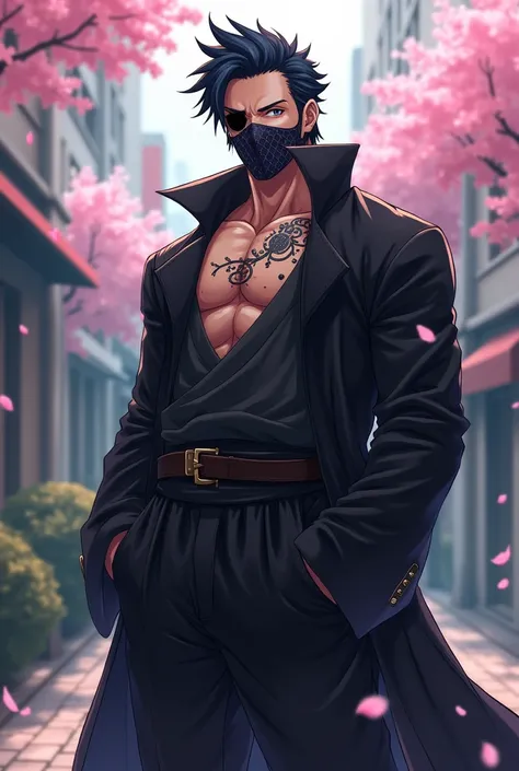 "Create a new male anime character with a cool and smart appearance, wearing a mask similar to Kakashis but with a unique design. He has a muscular body inspired by Zoro and Vegeta but is distinct in its own style. The character wears an eye patch on his l...