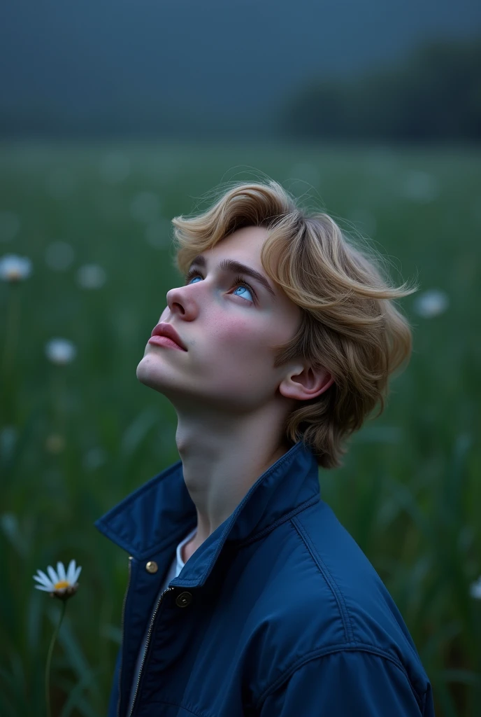 (photorealism:1.2), handsome male in late teenager, looking up to the night sky, wearing a blue jacket, he has wavy, long and blonde hair and blue eyes, there is a green field behind, his face expression is soft and calm, his factions are soft