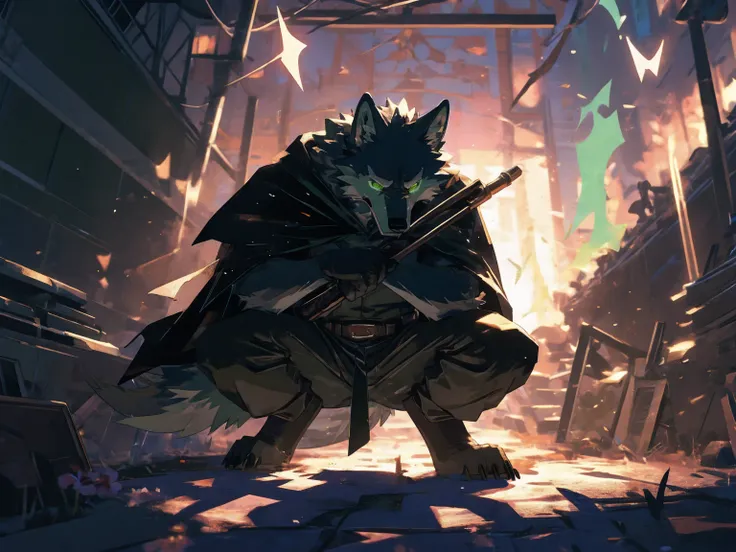 wolf, (gray fur:1.3) ,(deep black-green Arcane Light Cloak:1.3), no electricity, exhausted, crying, sobbing uncontrollably, passive, close eyes, wronged, Holding a long staff, masterpiece, (16K), HD, Various facial details, detailed background, very detail...