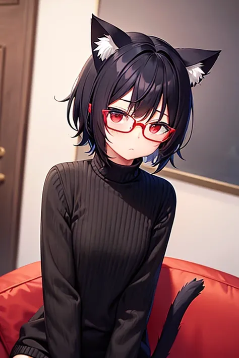  short stature 、 flat chest、Black Hair 、 short hair 、Glasses、  knitted sweater 、Cat ears、Cat tail、  is embarrassing、blush、 cute、Red Eye、living 、sofa、Best Quality, masterpiece,  High image quality,  high resolution on down,  anatomically correct, accurate, ...