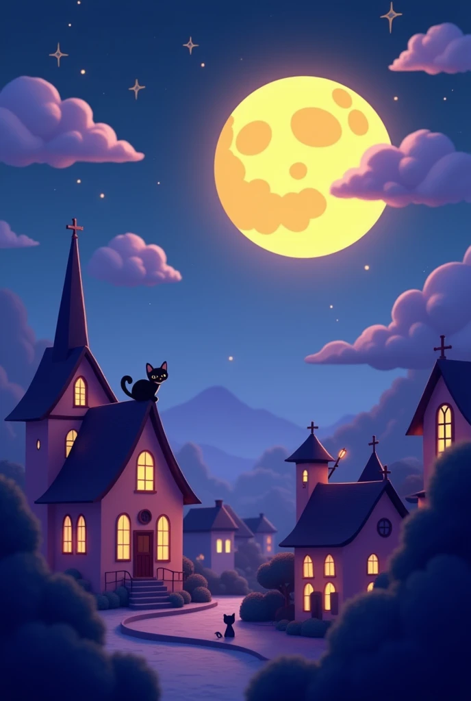 Isometric, a whimsical cartoon style night cityscape, a large bright yellow moon with a cat face, a deep blue sky with fluffy purple clouds and a shooting star, silhouetted buildings including a church with a cross, a black cat on a rooftop and a white cat...