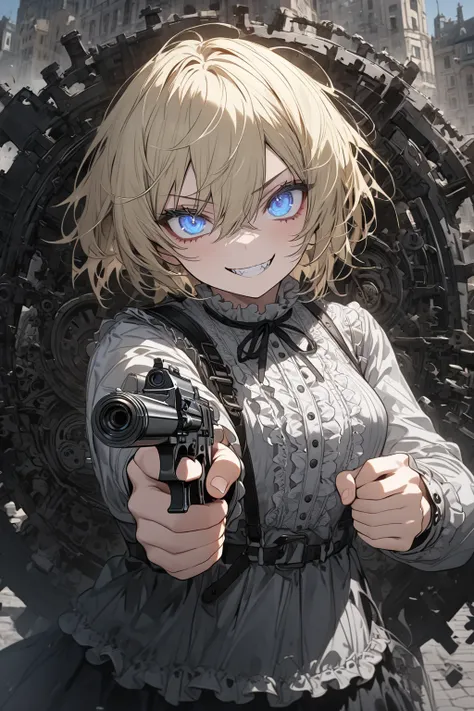 masterpiece, best quality, ultra detailed 8k, extremely detailed eyes, cute girl, 17yo, (blonde hair, very short hair, hairs between eyes), blue eyes, glasses, evil grin, slender body, holding two guns in each hand, dual gun, pointing gun, aiming at viewer...