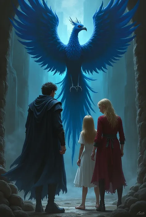 A sadistic fair-haired witch has napped a tall, strong black-haired man and a slender teenager with straight blond hair..  A blue phoenix tries to save them .