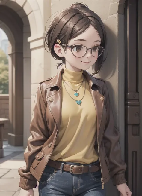 (masterpiece, high quality, realistic, hiperrealistic, photorealistic, warm light), 1girl, short hair, ponytail, two toned hair, brown eyes, yellow shirt, sleevless shirt, turtle neck, brown leather jacket, blue pants, brown belt, cowboy shot, heart neckla...