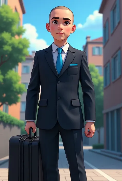 Young police cadet with black suitcase and black suit with turkey blue tie, cropped hairless hair , animated image 