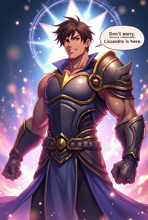 Create a guy with a muscular build who has brown hair and brown eyes, light brown skin with a small smile, but do it anime-style with a gentlemans armor., You have to be posing as if for a cover but do it more anime style and put a mystical background on i...