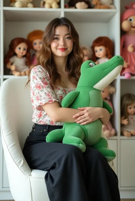  A 30-year-old woman is shapely and her cheeks are chubby .and white skin color .long haired. wears a purple blouse top with a floral combination and a long jeans skirt in black. she dudu on a white cube chair and hugs a big doll of green color crocodile l...