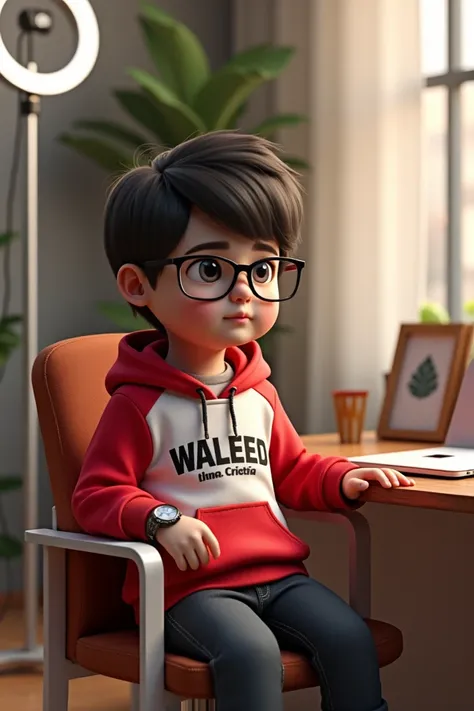 Create A 3D Realistic 2 
year old boy In red white hoodie with Name waleed Writen On it in Bold Font. Sitting On the Desk Chair, she looks ahead, with Luxury glasses, with Luxury watch, Medium Hair, ring Light stand and inner side Camera In my background, ...