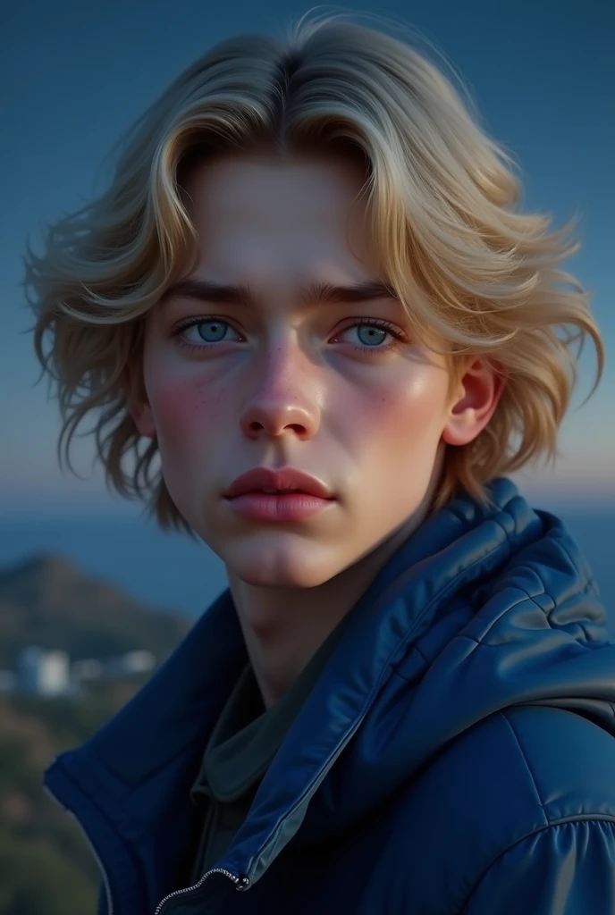 (photorealism:1.2), handsome male in late teenager, looking forward, wearing a blue jacket, he has wavy, long and blonde hair and blue eyes, there is the night sky behin, his face expression is soft and calm, his factions are soft